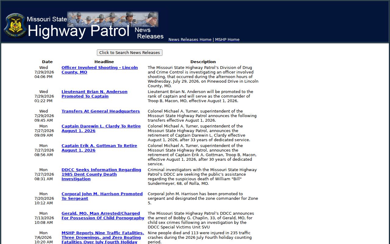 Ripley County arrest history context in the MSHP official news release database