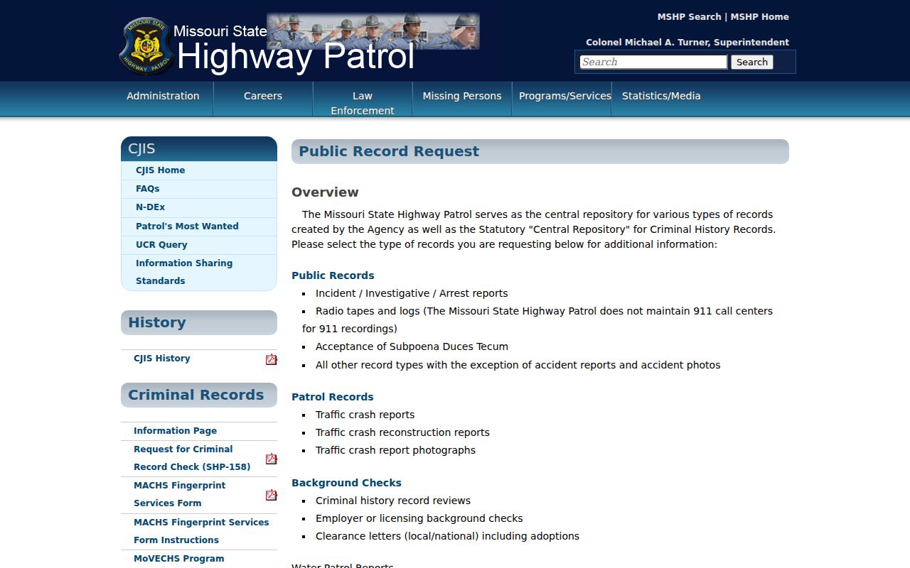 Ripley County arrest history request channels on the MSHP public records page