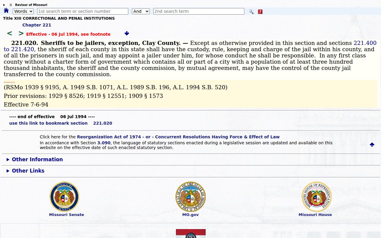 Ripley County arrest and jail record authority under Missouri sheriff law