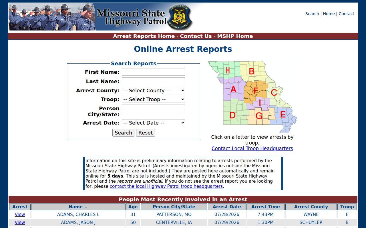 Ripley County arrest history search in the MSHP five-day report interface