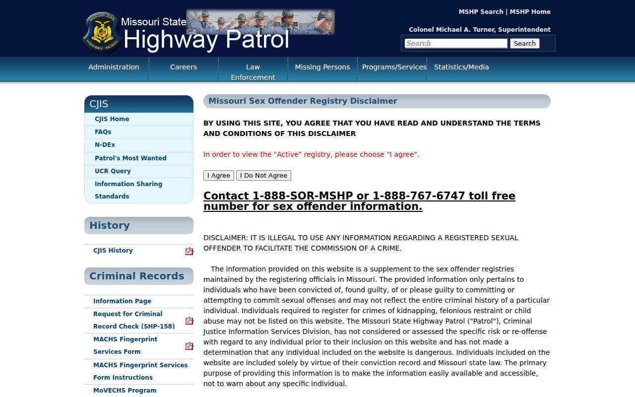 Ripley County sex offender check disclaimer on the Missouri registry