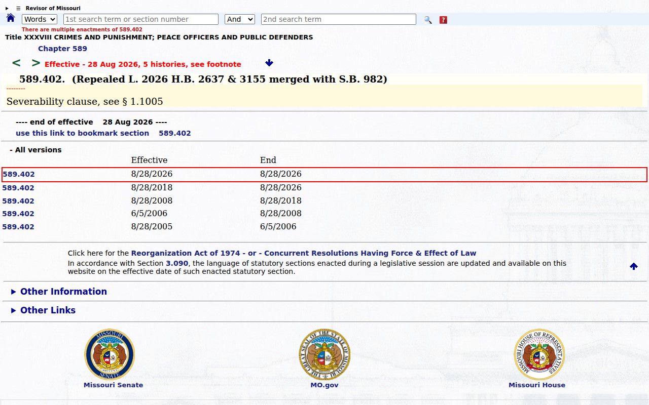 Ripley County sex offender registry public Internet requirements under Missouri law